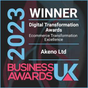 A winners award from Business Awards UK 2023, given to Akeno Limited for Ecommerce Transformation Excellence