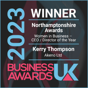 A winners award from Business Awards UK 2023, given to Kerry Thompson for Women in Business CEO/Director of the Year (Northamptonshire)