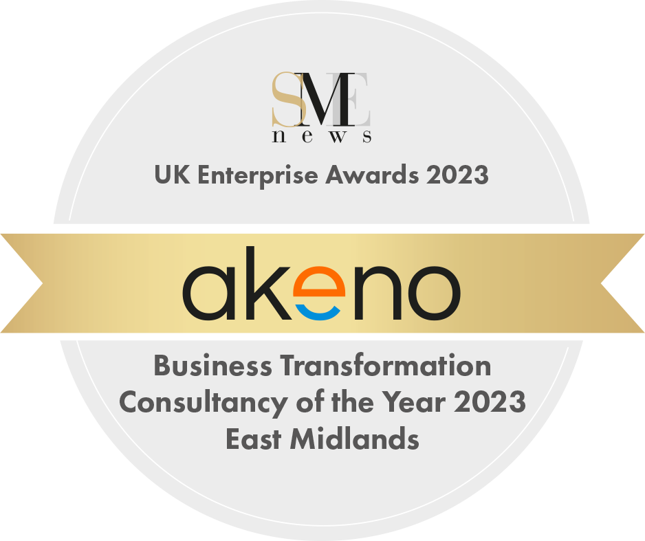 An award from the UK Enterprise Awards 2023, given to Akeno Limited for Business Transformation Consultancy of the Year 2023 (East Midlands)