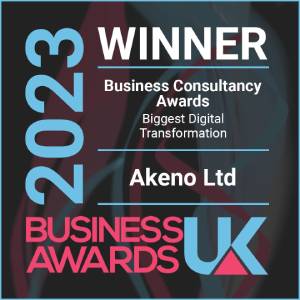 A winners award from Business Awards UK 2023, given to Akeno Limited for Biggest Digital Transformation
