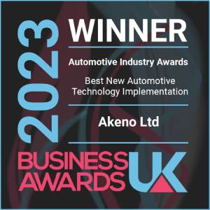 A winners award from Business Awards UK 2023, given to Akeno Limited for Best New Automotive Technology Implementation