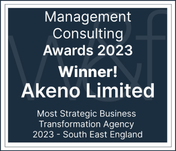 A winners award from Management Consulting Awards 2023, given to Akeno Limited for Most Strategic Business Transformation Agency 2023 (South-East England)